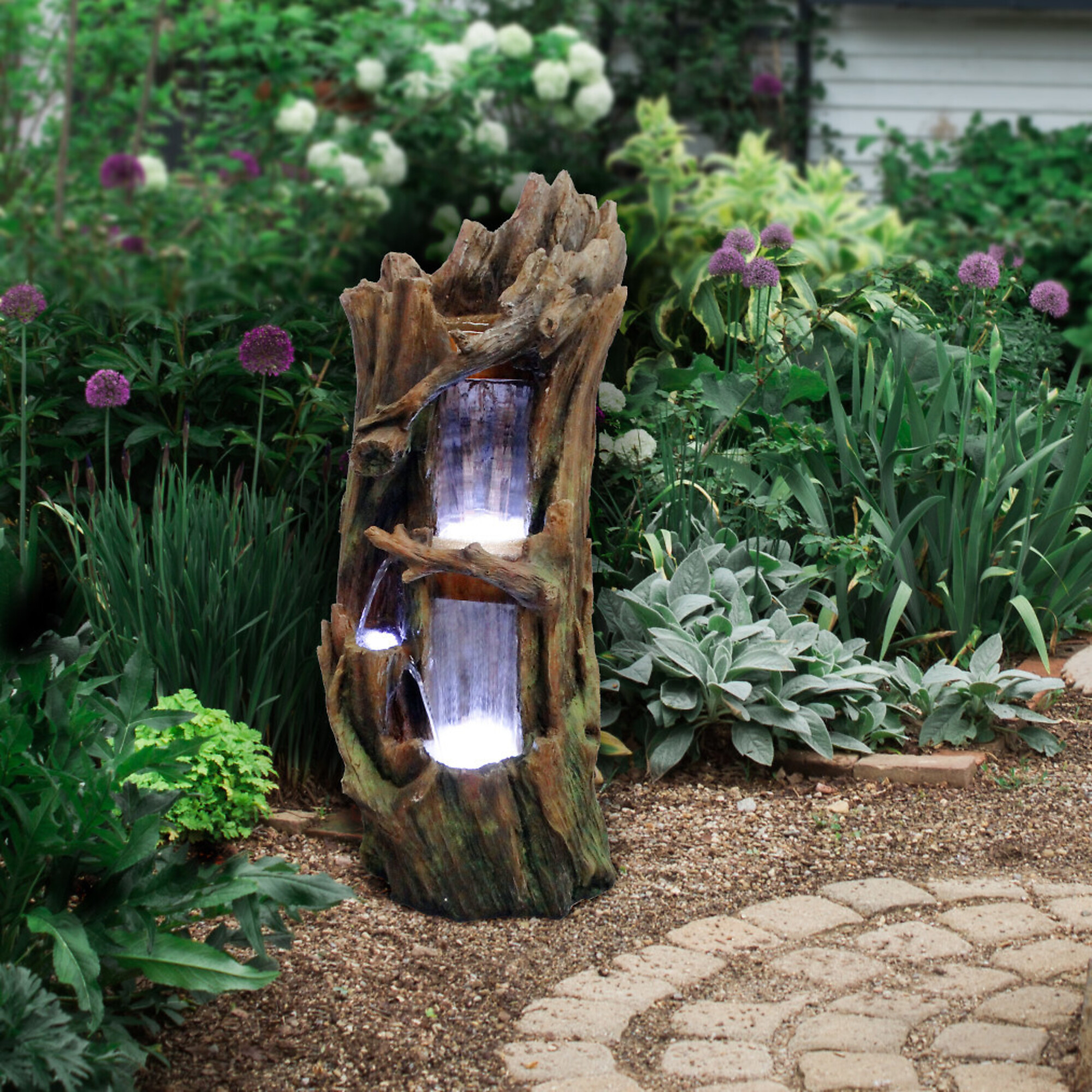 Alpine Corporation, Waterfall Tree Trunk Fountain w/LED Lts Three-Tier, Power Cord Length 5.9 ft, Model# TZL346